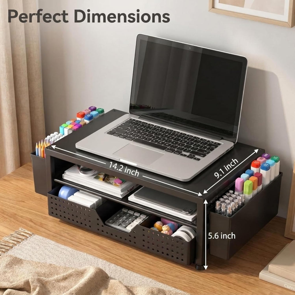 ECOLOVI Desk Organizer and Accessories, 2-Tier Computer Monitor Stand Rise with Storage Drawer & 2 Pen Holders, Laptop & Printer Stand for Desktop, Workspace Organizers for Office Supplies (Black)