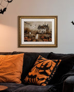 Vintage Gold Framed Spooky Halloween Wall Art, 13x16 Haunted House Jack-o’-Lanterns Bats Canvas Painting Print, Ghosts Pumpkins Halloween Picture Holiday Home Room Atmospheric Decor