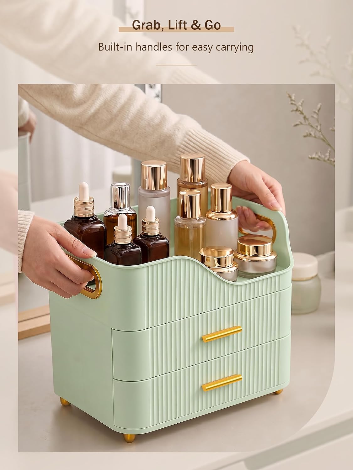 Large Makeup Organizer for Vanity, Bathroom Countertop, Green