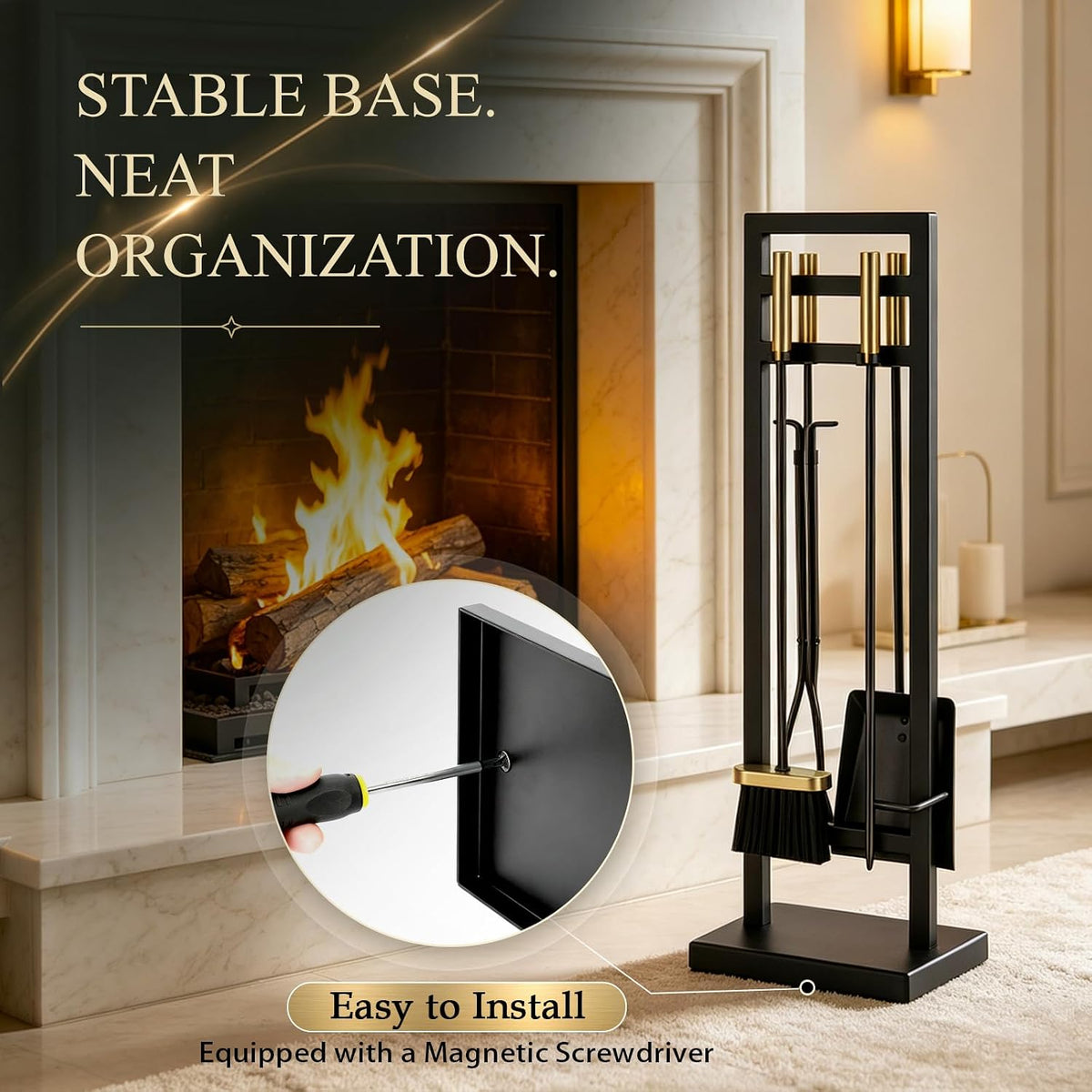 5-Piece Fireplace Tool Set, 30" One-Piece Stand, Antique Brass