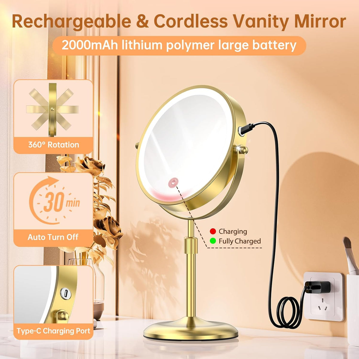 Gospire 7" Lighted Makeup Mirror, 1X/10X Magnification, Height Adjustable
