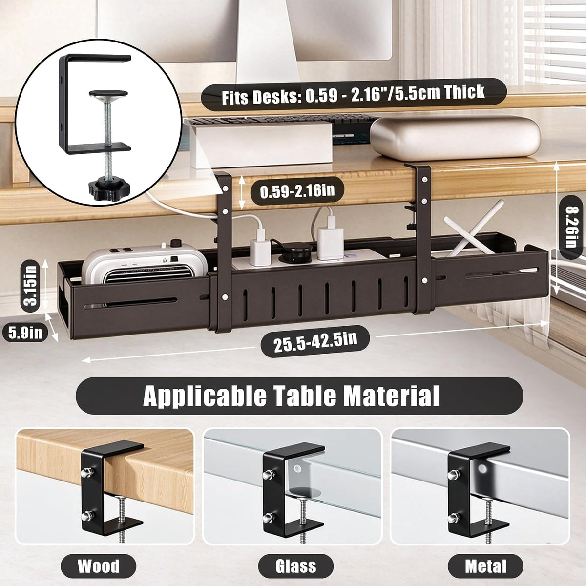 Under Desk Cable Management Tray, Expandable 25.5"- 42.5" Cable Organizer