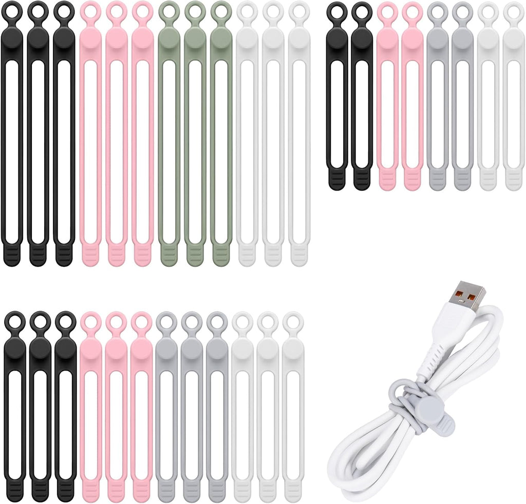 32Pcs Silicone Cable Ties, Data Cable Organizer Silicone Cable Straps Cord Ties Wrap Reusable Wire Organizers Elastic Cables Cord Management Organizers for Electronics, Home, Office, School, Travel