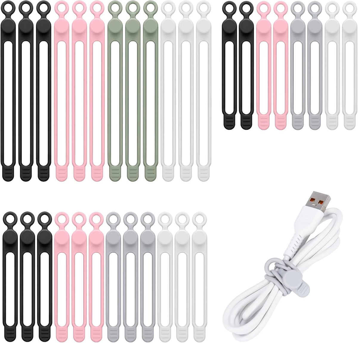 32Pcs Silicone Cable Ties, Data Cable Organizer Silicone Cable Straps Cord Ties Wrap Reusable Wire Organizers Elastic Cables Cord Management Organizers for Electronics, Home, Office, School, Travel
