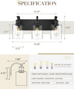 3-Light 19 Inch Bathroom Vanity Light,Clear Glass,Black
