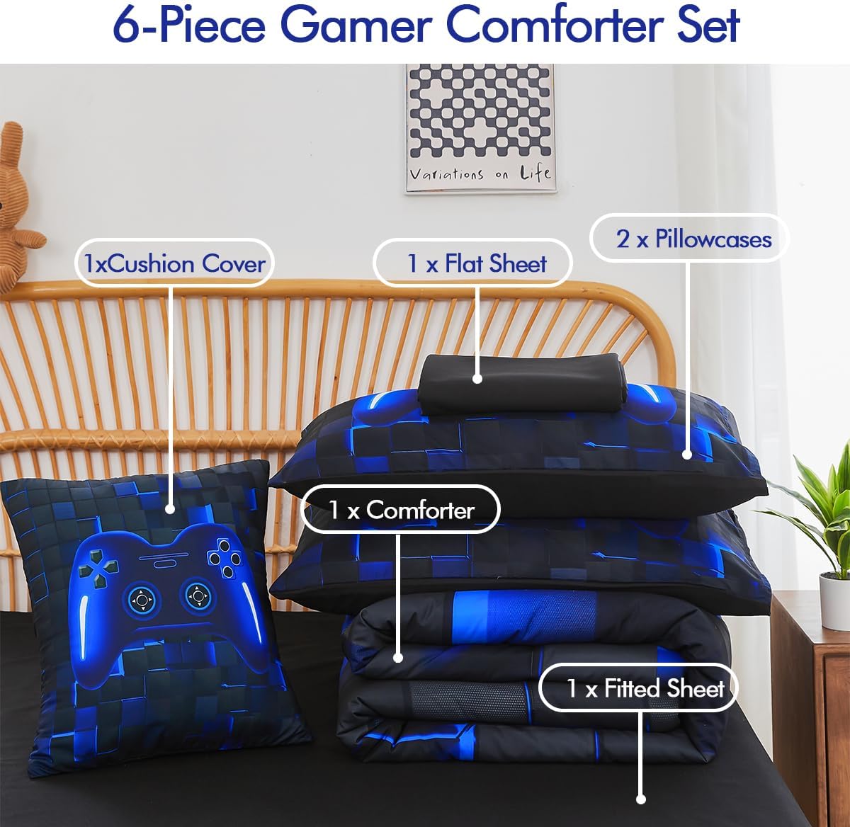 PERFEMET Twin Size Bed in A Bag 6 Pieces Gaming Bedding Set for Boys Blue Gamer Comforter with Sheet Set for Kids Teen Cool Video Game Black Quilt Bedding Set(Blue, Twin)