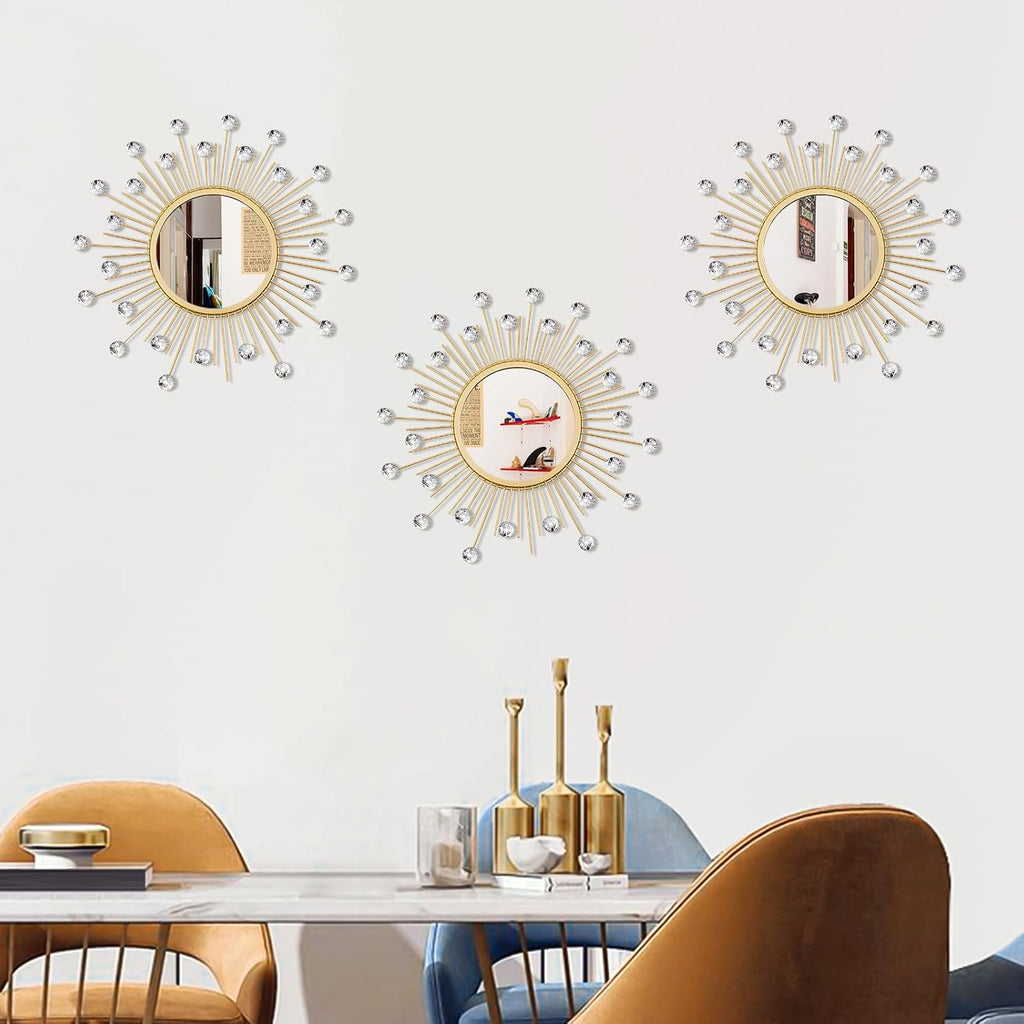 3 Pack Metal Mirrors for Wall Sunburst Wall Mirror Gold Crystal Home Accent