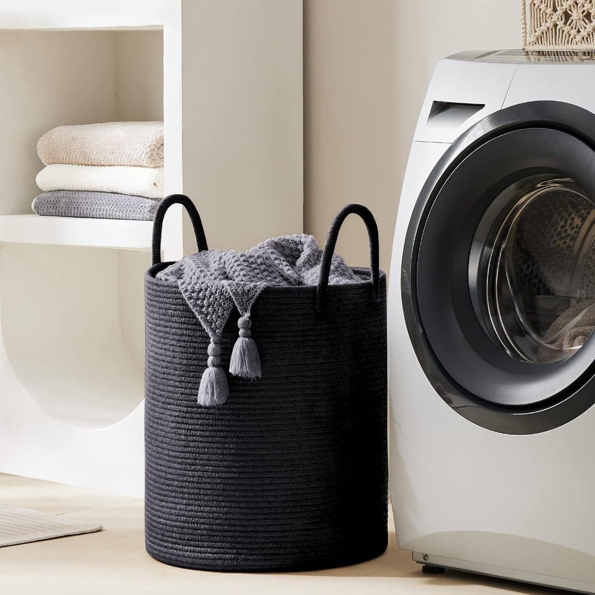 YOUDENOVA Woven Rope Laundry Hamper Basket, 58L Blanket Basket for Nursery