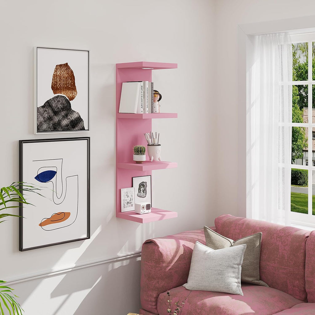 LitaEther Versatile 4 Tier Wall Shelf Unit,Pink Lack Wall Shelf,Display Floating Shelf with LED Remote Control Light