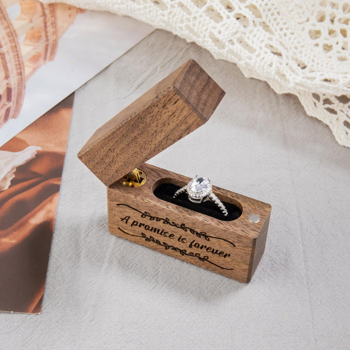 Wooden Engagement Ring Box Small Slim Proposal Wedding Ring Case