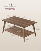 VASAGLE Coffee Table, 2-Tier Center Table with Storage, Tapered Legs