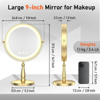 Vanity Mirror with Lights, 9'' Lighted Makeup Mirror, 1X/20X Double Sided Magnifying Mirror, 5000mAh Rechargeable, 3 Color Dimmable LED, 360° Rotation Desk Mirror for Makeup & Skincare, Gold