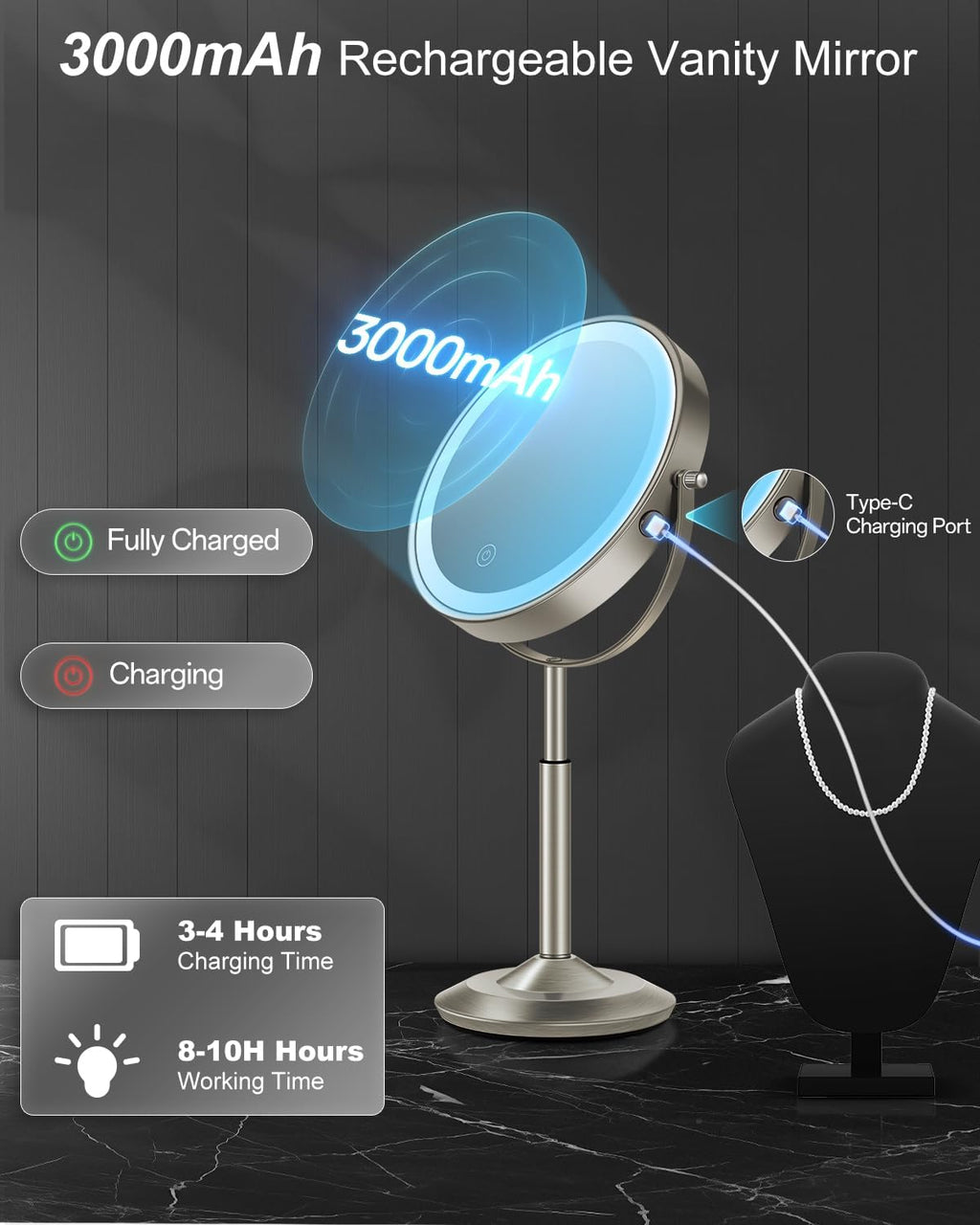 8" Lighted Makeup Mirror with Light,30X Magnifying Height Adjustable Mirror
