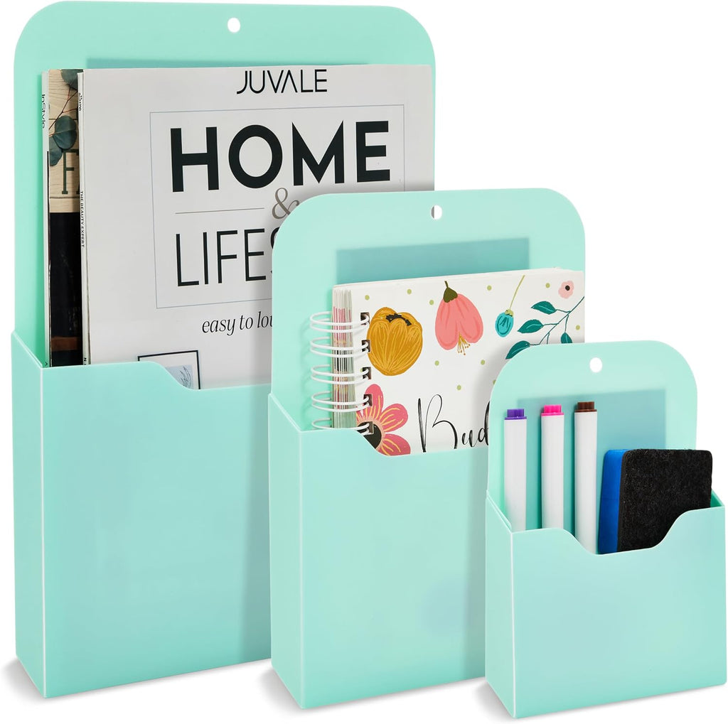 Okuna Outpost Locker Accessories Magnetic File & Bill Holder - Mint, 3-Pack - Refrigerator Magnet File Organizer & Mail Holder - Locker Storage & Wall Folder - Magnetic Pen & Receipt Pocket