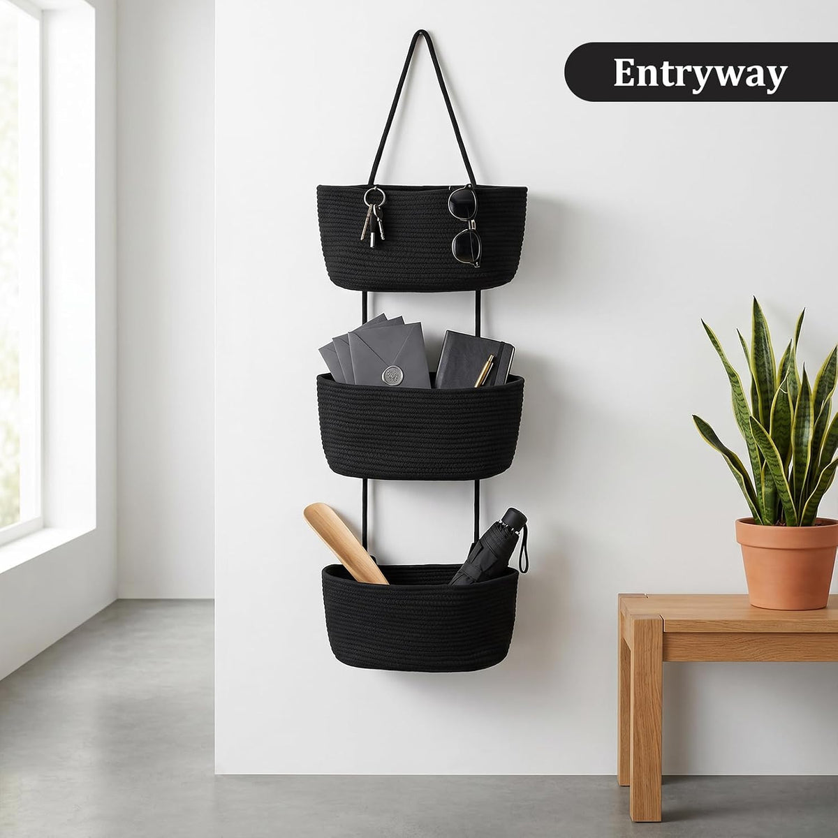 Over the Door Hanging Storage Basket, 3 Tier Wall Organizer Black