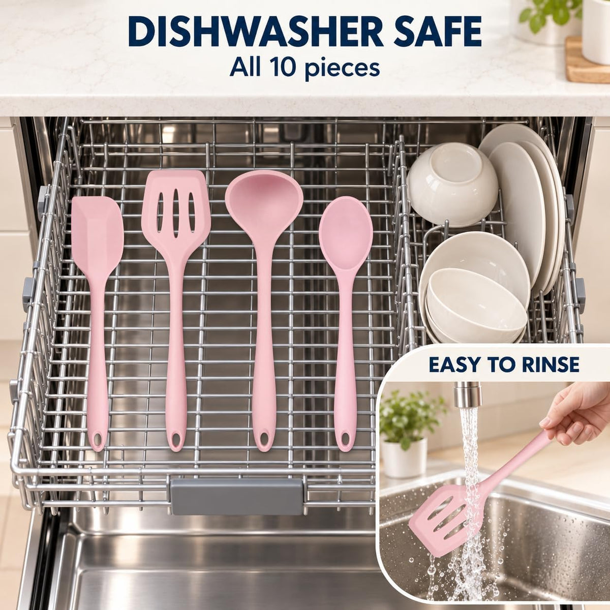 10-Piece Silicone Kitchen Utensil Set with Tongs, Pink