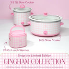 Paris Hilton 6-Quart Manual Slow Cooker, Features Three Settings (Low, High, Warm), Naturally Nonstick and Dishwasher Safe Stoneware Insert, Family Sized Capacity, Gingham Pink