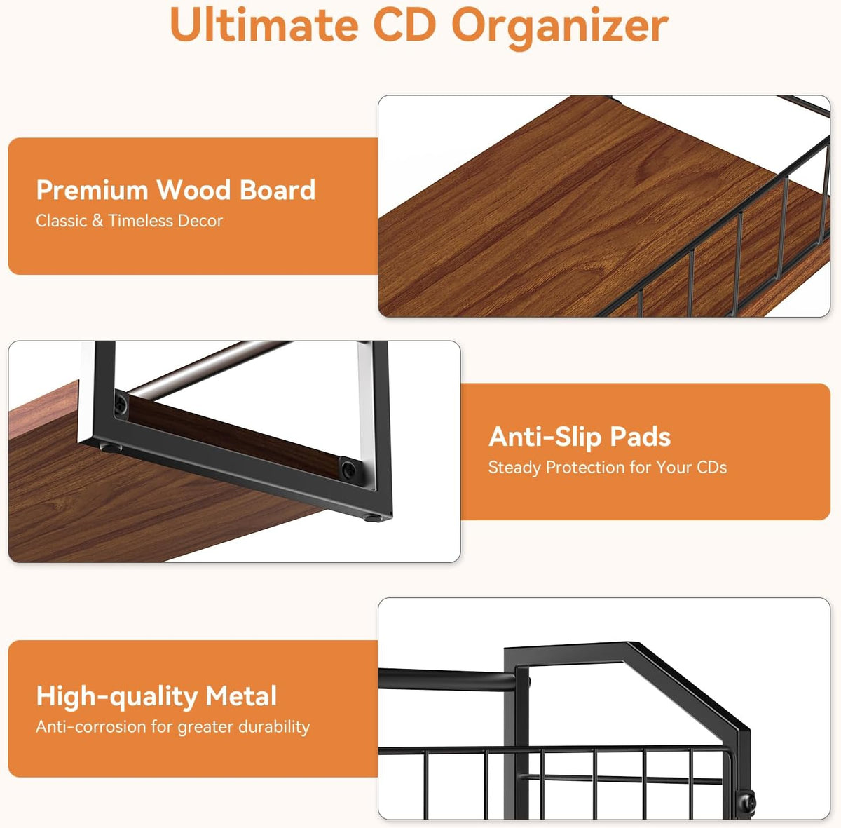 CD Storage Rack, 2 Tier CD holder with Display Shelf, Holds 60 Cases-Walnut