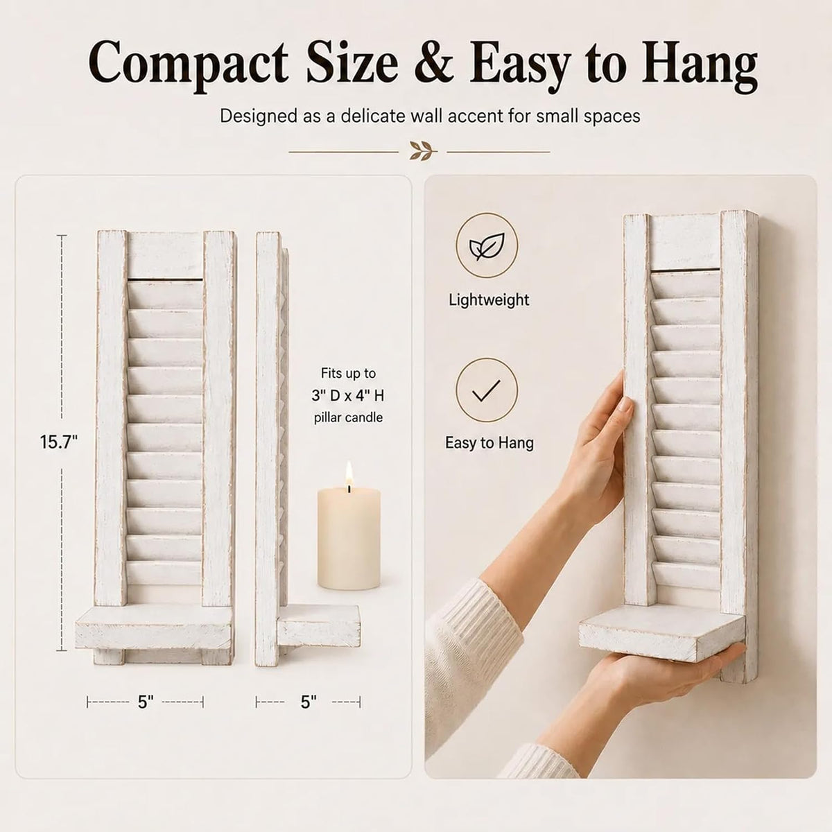 Farmhouse Wall Candle Holders Set of 2, White Wood Shutter Decor