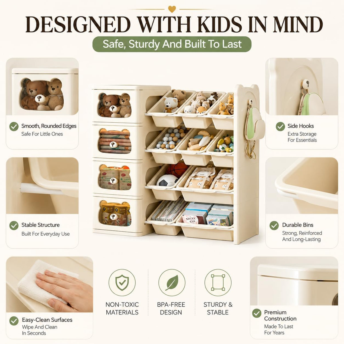 Toy Storage Organizer and Bookshelf with Drawers, Large 3-Tier, Beige