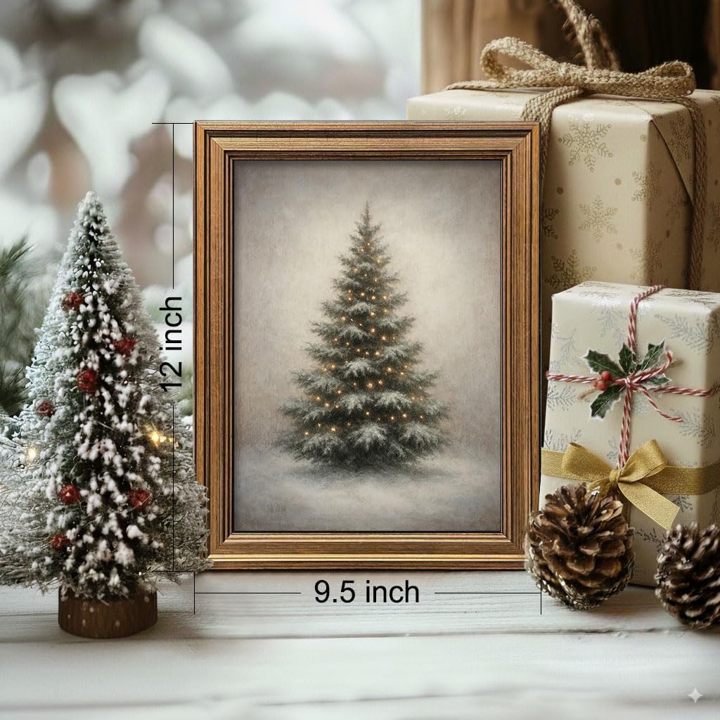 Gold Framed Vintage Christmas Tree Canvas Wall Art Farmhouse Rustic Pine Tree Winter Print Botanical Holiday Decor for Living Room Bedroom Entryway (Vintage Christmas Tree, 12L" x 9.5W")