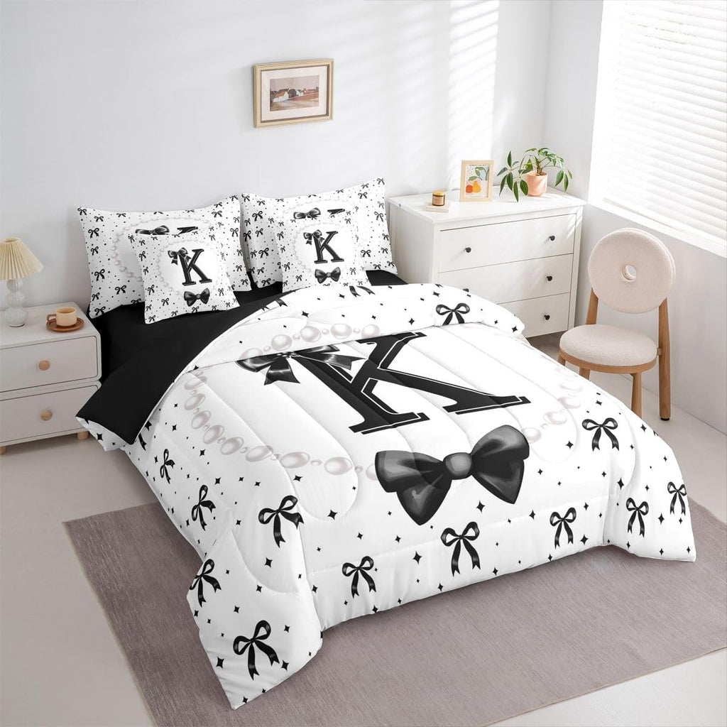 Erosebridal Black Bow Initial K Twin Bedding Set with Sheets - Coquette Ribbon Bows Comforter Set 7 Piece for Girls Kids, Black and White Bow Tie Fitted Flat Sheet, Personalized Bowknot Bed in a Bag