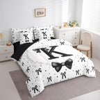 Erosebridal Black Bow Initial K Twin Bedding Set with Sheets - Coquette Ribbon Bows Comforter Set 7 Piece for Girls Kids, Black and White Bow Tie Fitted Flat Sheet, Personalized Bowknot Bed in a Bag