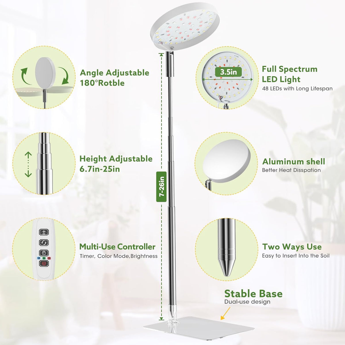 Grow Lights for Indoor Plants Full Spectrum, 48 LEDs Plant Light for Indoor Plants with 2 Mounting Options, 3 Optional Spectrums, 3/9/12Hrs, 10 Brightness, 7"-26" Height Adjustable (White)