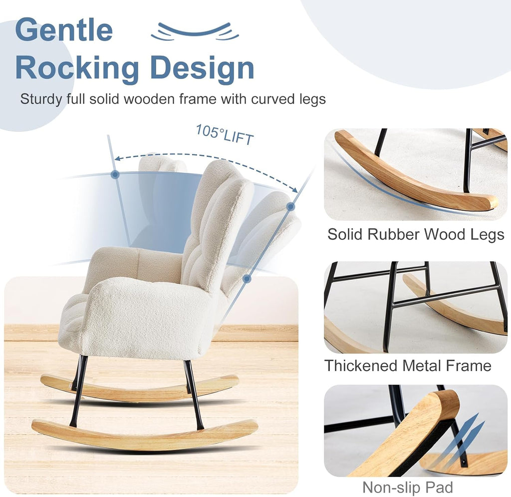 DUMOS Nursery Rocking Chair Teddy Upholstered, Comfy Glider Rocker, Beige