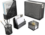 BLU MONACO Black Desk Organizer Set | 5-Piece Metal Office Supplies Collection with Hanging File Organizer, Magazine Holder, Pen Cup, Sticky Note Holder & Letter Sorter | Workspace Organization