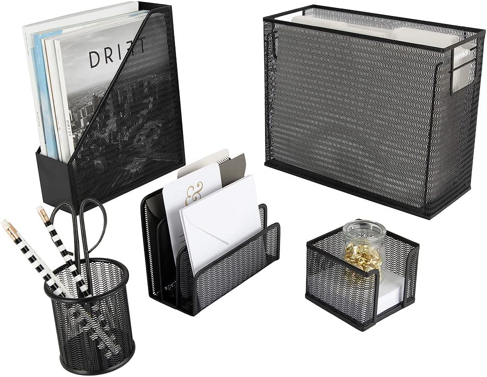 BLU MONACO Black Desk Organizer Set | 5-Piece Metal Office Supplies Collection with Hanging File Organizer, Magazine Holder, Pen Cup, Sticky Note Holder & Letter Sorter | Workspace Organization
