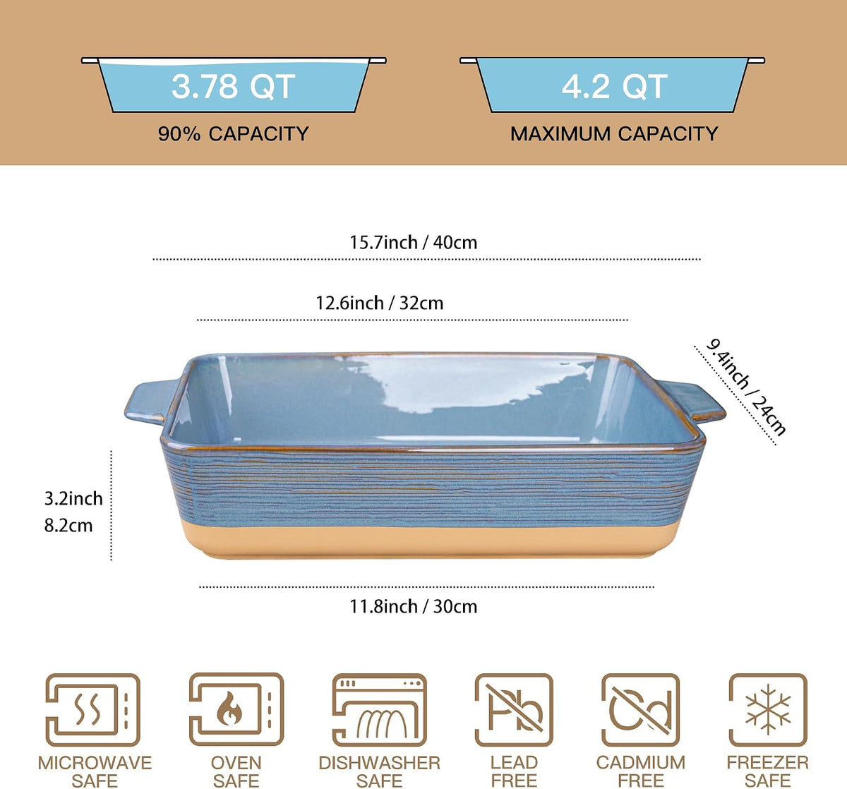 Dafuceramic Casserole Dish for Oven, 4.2 QT Baking Dish, 9x13 Large Porcelain Baking Pan, Durable Rectangular Lasagna Pan Deep with Handles, Microwave Oven Safe, Home Decor, Wedding Gift, (Khaki & Blue)