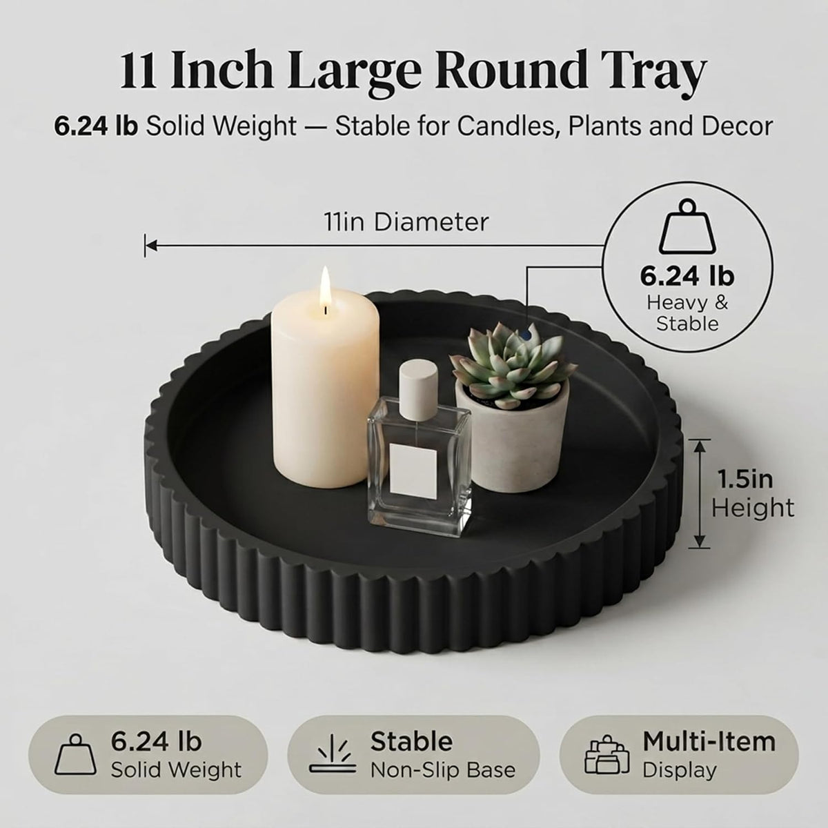 Round Solid Concrete Tray, Fluted Centerpiece for Coffee Table Decor 11"