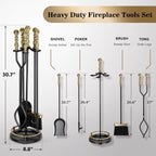 Fireplace Tools Set 5 Pcs Wrought Iron Large Fire Tool Set with Brass Handles for Outdoor/Indoor, Fireplace Accessories Set Included Poker, Tong, Shovel, Brush