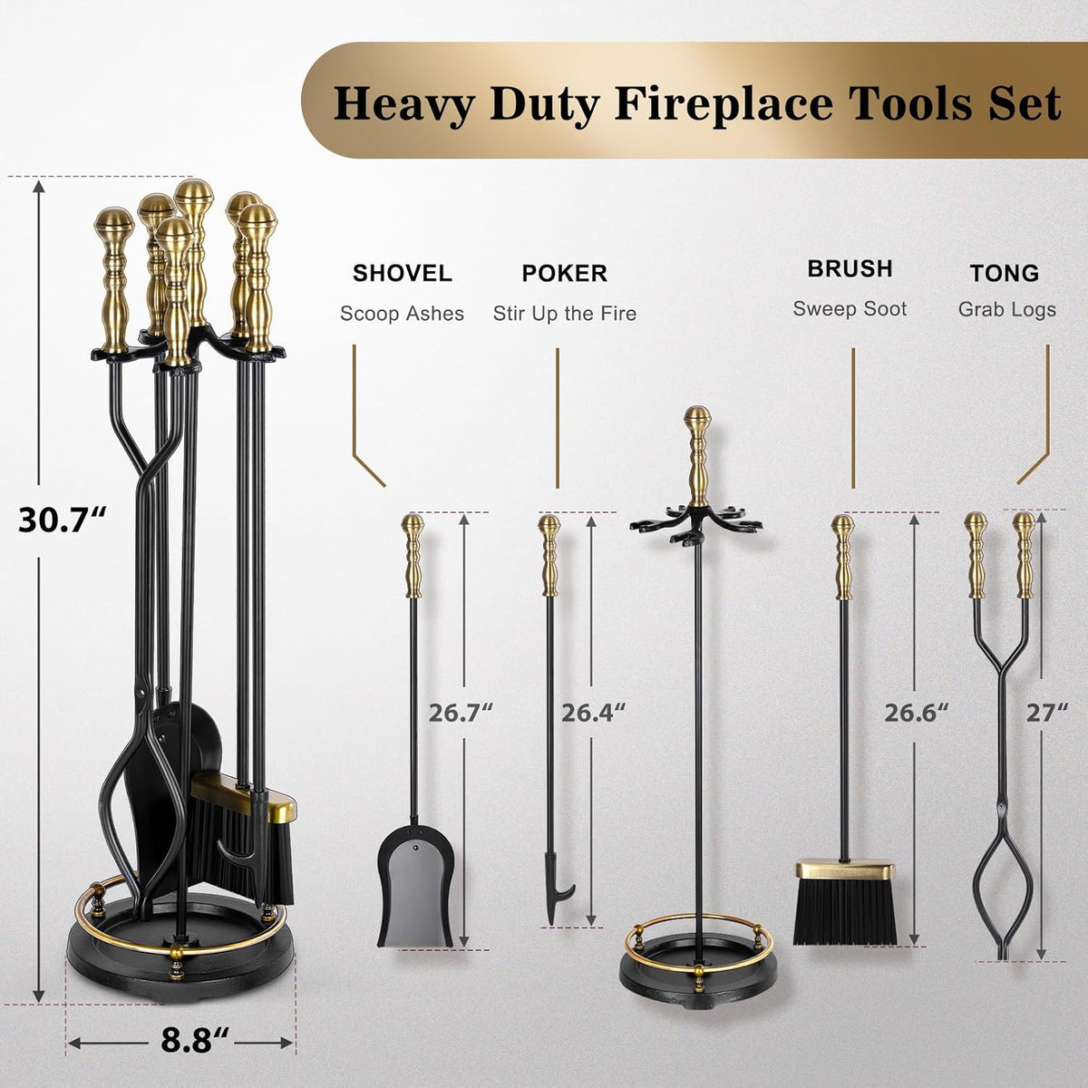 Fireplace Tools Set 5 Pcs Wrought Iron Large Fire Tool Set with Brass Handles for Outdoor/Indoor, Fireplace Accessories Set Included Poker, Tong, Shovel, Brush