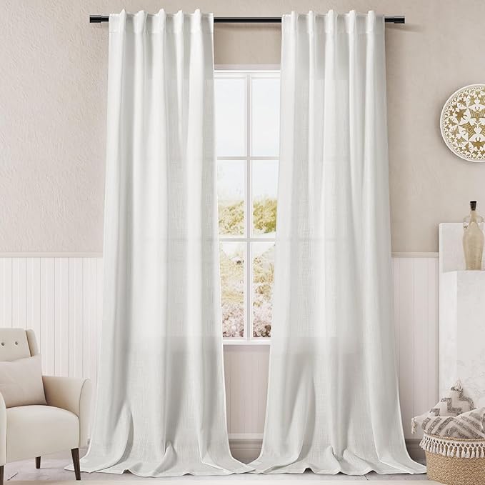 Solid Off White Curtains 96 Inches Long 2 Panels Back Tab Sheer Linen Curtain by Nanspring