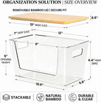 CiWiVOKi 6 Pack Clear Stackable Storage Bins with Bamboo Lids, Trash Bag Holder Dispenser Under Sink Organizer for 4-13 Gal Bags, Plastic Storage Containers for Pantry Bathroom Kitchen Organization