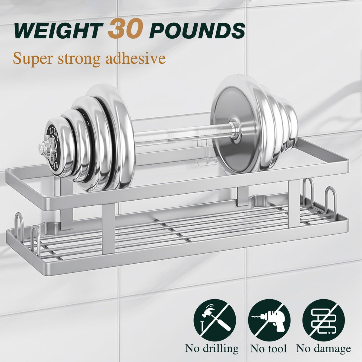 Adhesive Shower Caddy, Silver, 3 Pack
