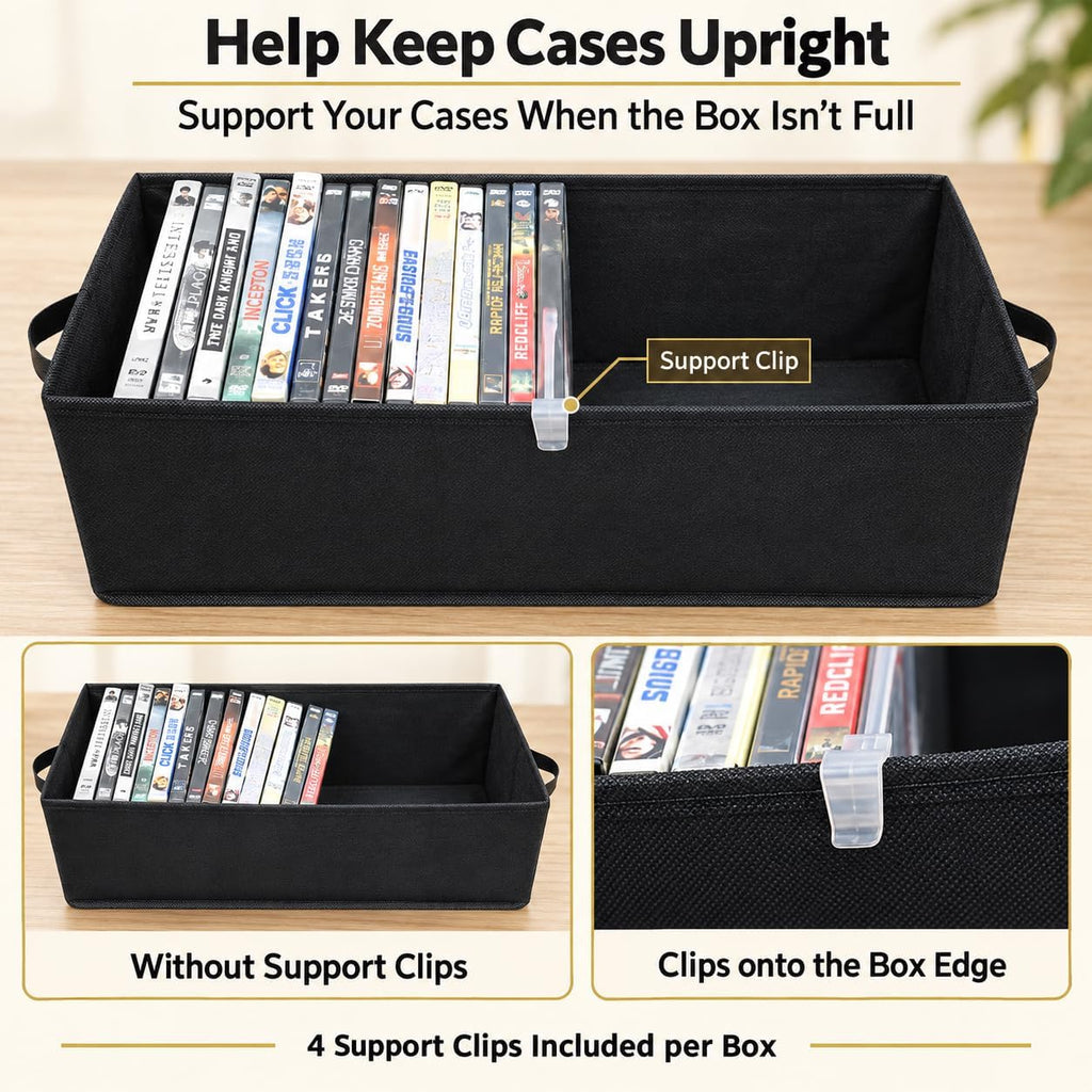 DVD Storage Boxes, 6P Larger DVD Storage Cases with Lid, Stackable Fabrics Media Storage Holds Up 156 DVDs (Each 26), Also Idea for Storaging Blu rays, Video Game Cases, CDs