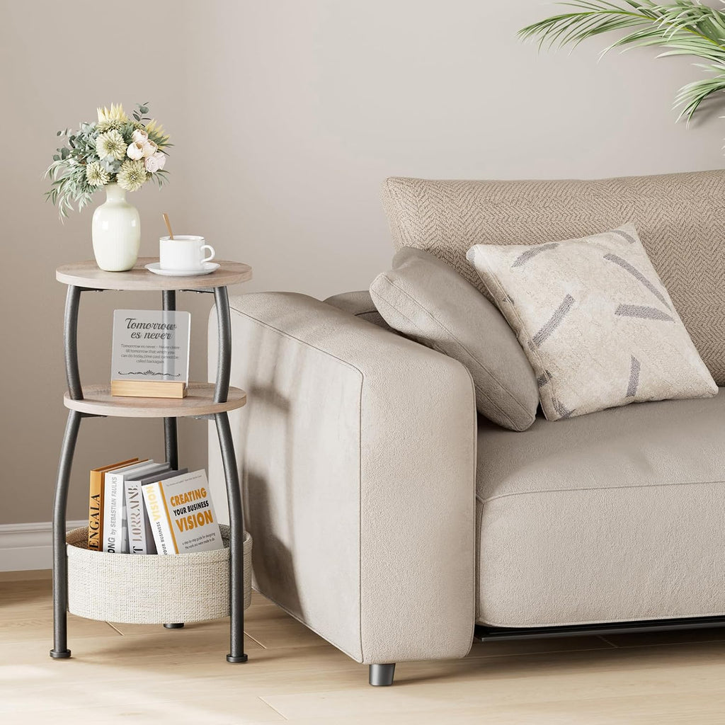 Round Side Table for Living Room with Storage Basket, 11.81in