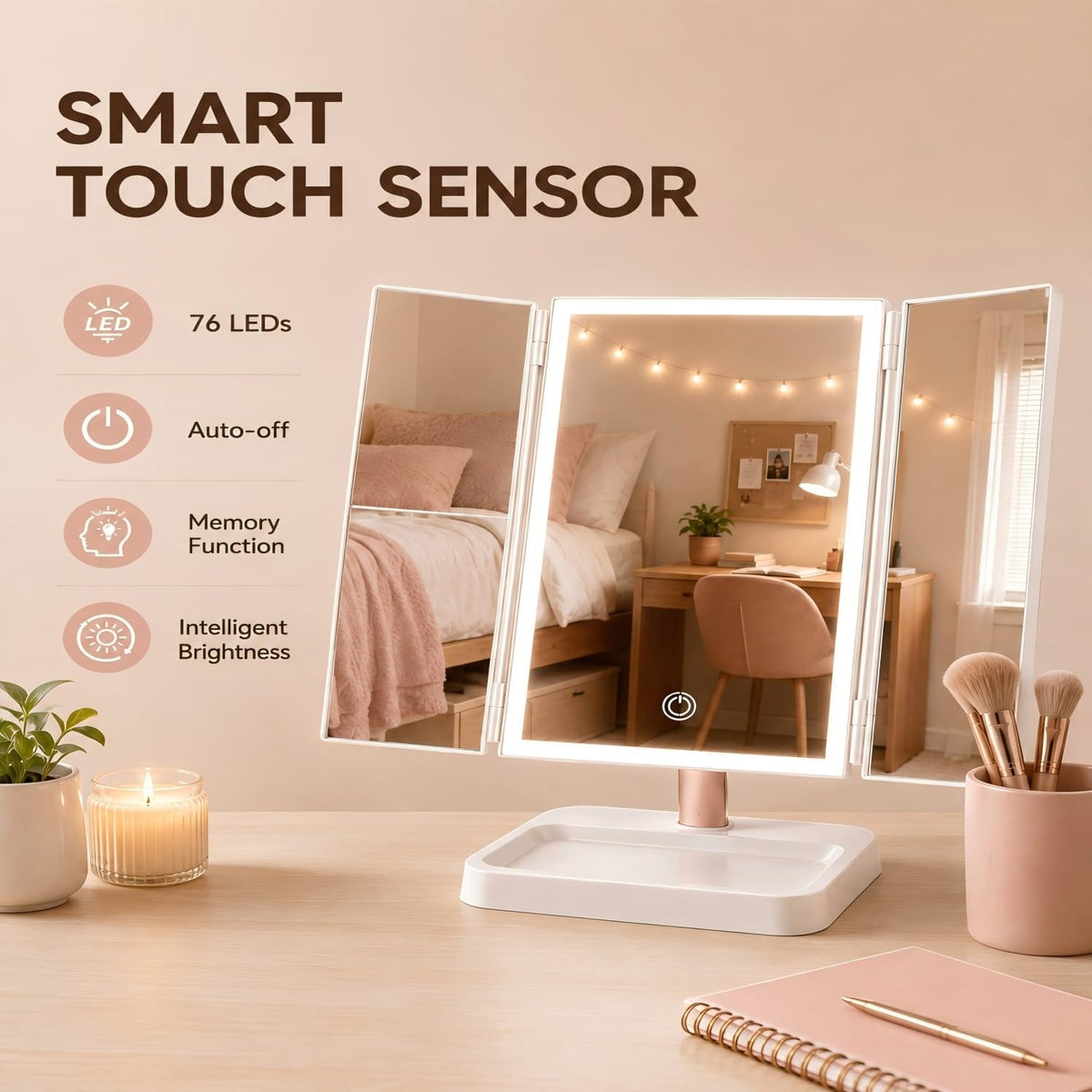 Makeup Mirror with Lights, Rechargeable Trifold 1X/2X/3X Magnification