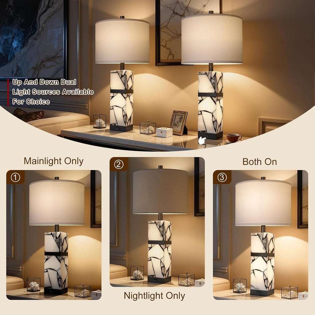 Scenekoy 27" Alabaster Table Lamp Set of 2 with Night Light for Living Room
