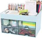 Desk Organizer, Office Organizer with Drawer, Desk Accessories & Workspace Organizers, Pen Holder Office Supplies for Desk (4 Drawers+4 Compartments, Blue)