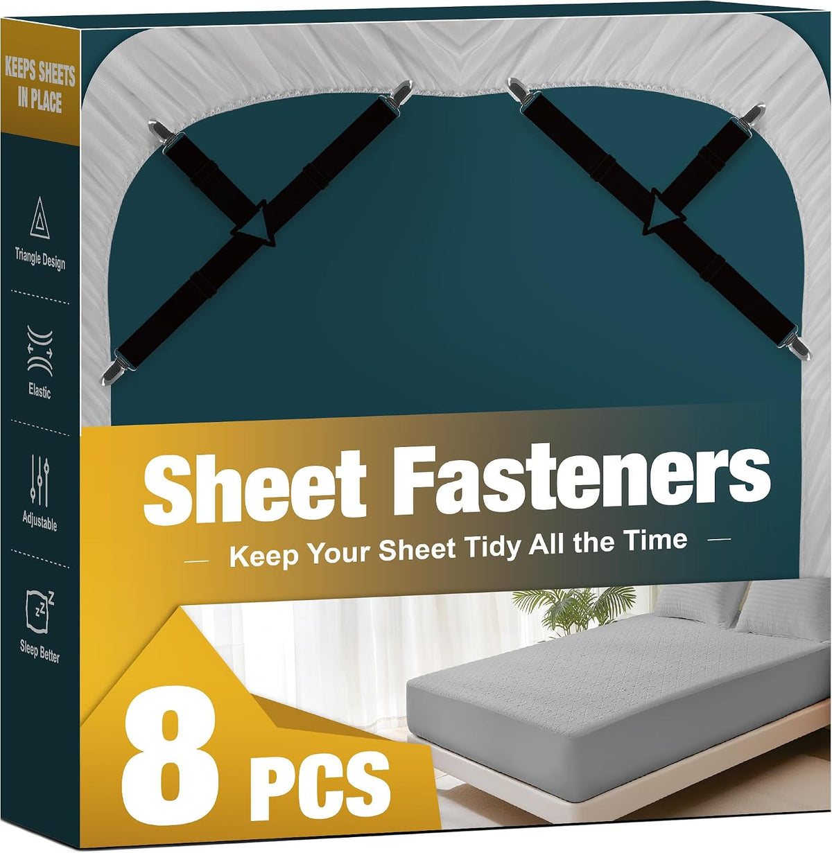 8 Pack Bed Sheet Fasteners, Adjustable Mattress Cover Straps with Metal Clips, Elastic Bed Corner Holders, Non Slip Sheet Clips, Black Color