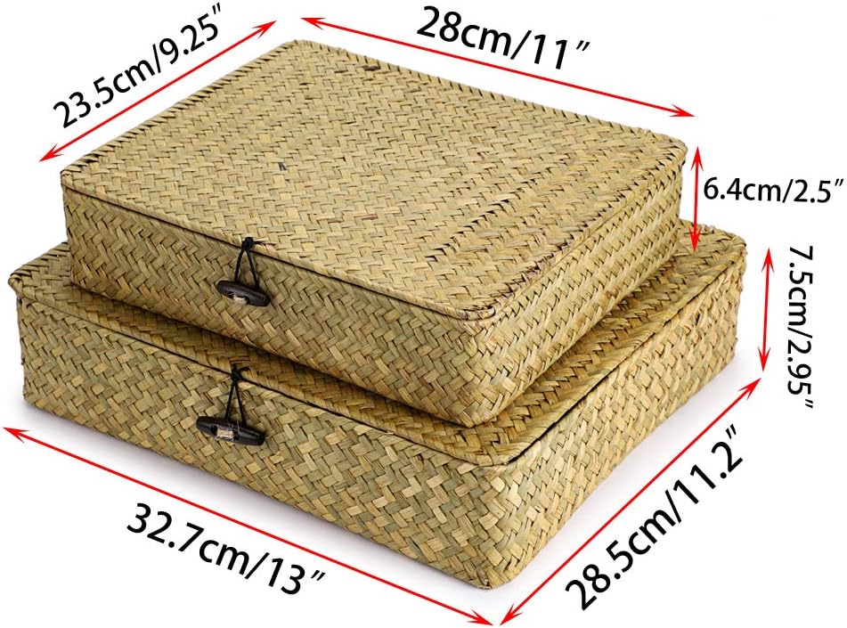 Hipiwe 2 Packs Flat Wicker Basket Box with Lid Woven Seagrass Storage Bins