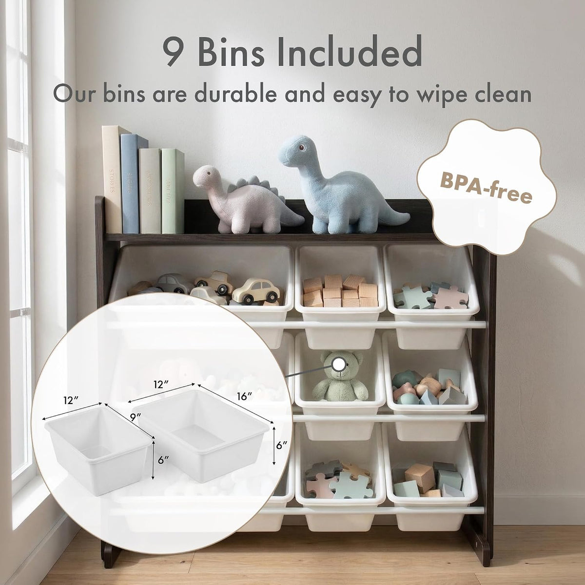 Humble Crew Kids Toy Organizer with Display Shelf, 9 Bins, 3 Tier Storage