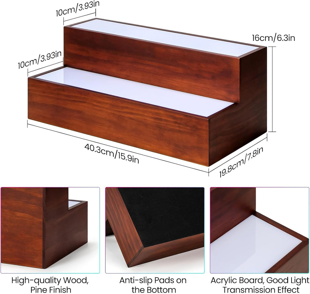 2 Pack LED Liquor Bottle Display Shelf , 2 Tier Real Wood Bar Shelves for Liquor Bottles, Lighted Bar Bottle Display Shelves with Remote, Bottle Organizer for Home Bar, Holds Up to 20 Bottles