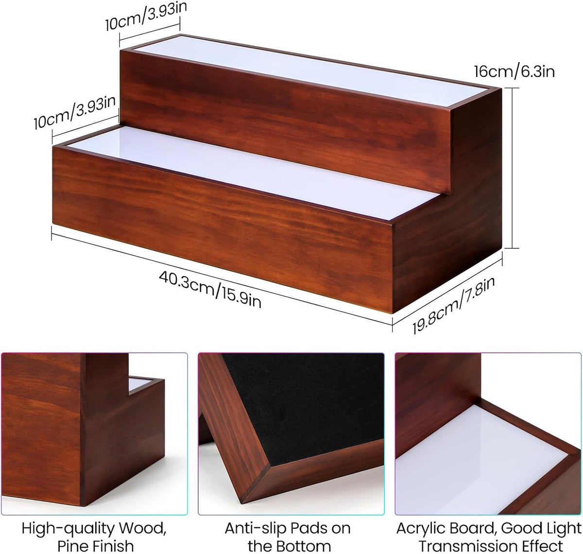 2 Pack LED Liquor Bottle Display Shelf , 2 Tier Real Wood Bar Shelves for Liquor Bottles, Lighted Bar Bottle Display Shelves with Remote, Bottle Organizer for Home Bar, Holds Up to 20 Bottles