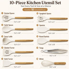 Silicone 10 Pcs Kitchen Cooking Utensils Set, Recycled Materials Certification, BPA Free Spatula Set with Heat Resistant Wood Handles for Nonstick Cookware, Cream White