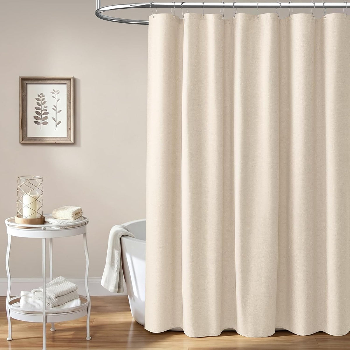 Beige Linen Textured Waterproof Cloth Shower Curtain Set, 72x72, Cream